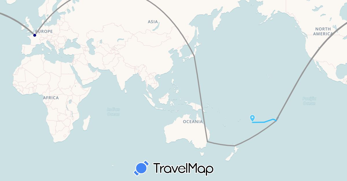 TravelMap itinerary: driving, plane, boat in Australia, Cook Islands, France, Japan, Niue, New Zealand, United States (Asia, Europe, North America, Oceania)